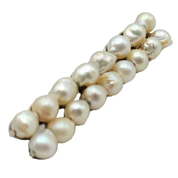 Sterling Silver Lined Baroque White Pearls Long Bar Brooch Pin - Picture 1 of 10